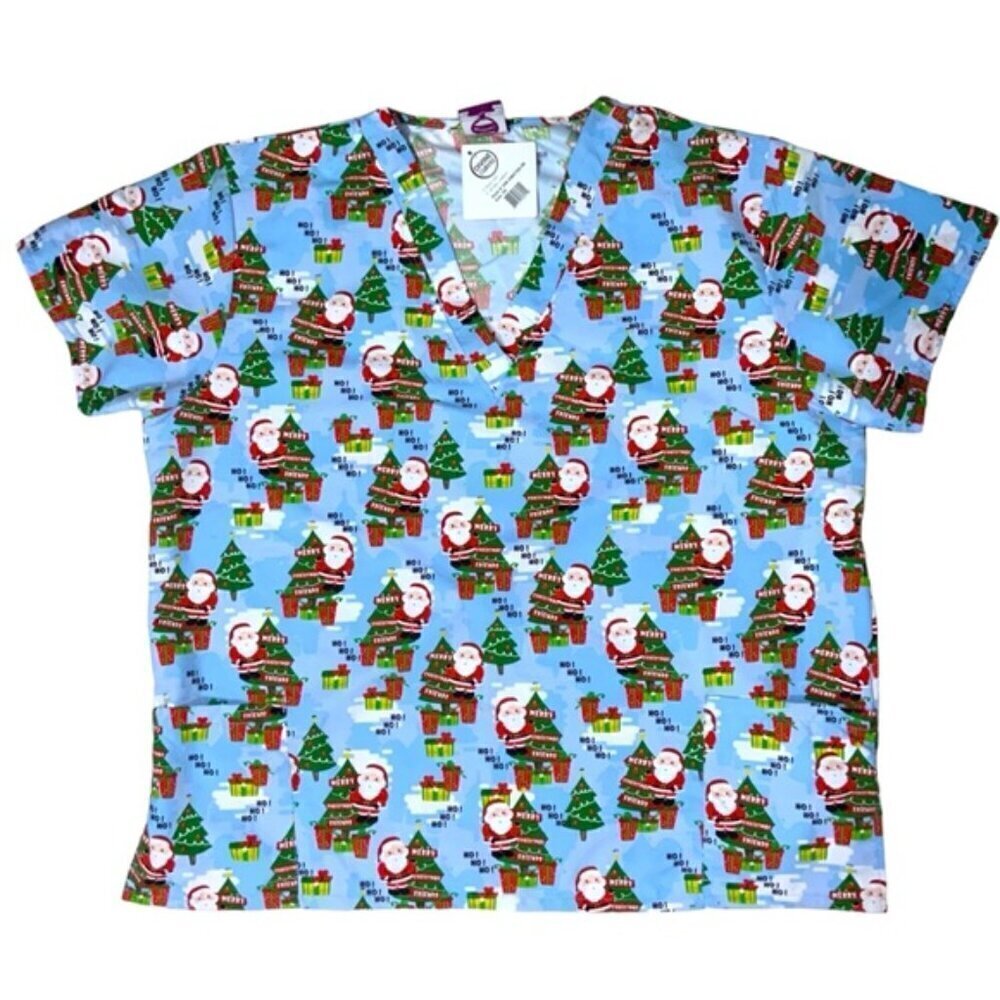 Devine Curves Scrub Christmas Top Women V Neck Short Sleeve Santa Blue Plus 3X
